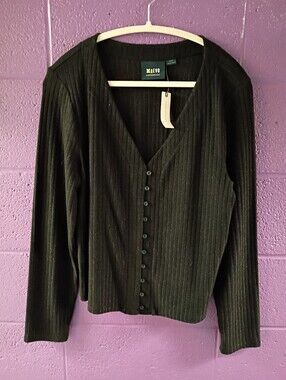 NWT Maeve Black Ribbed Button-Front V-Neck Top